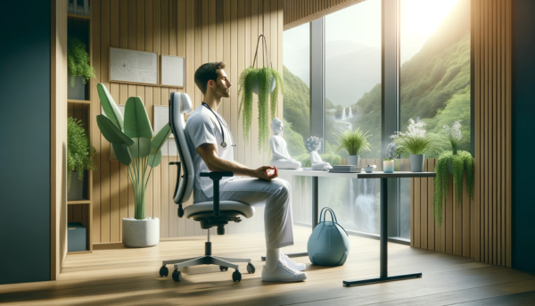 La imagen muestra una escena serena y tranquilizadora enfocada en el bienestar emocional de los profesionales de la salud, especialmente en enfermería. En primer plano, se ve a un profesional de enfermería, con un uniforme blanco y moderno, sentado tranquilamente en una silla ergonómica en una sala de descanso iluminada por luz suave y natural. Está realizando ejercicios de respiración profunda, con los ojos cerrados y una expresión de calma. A su alrededor, hay plantas verdes y una pequeña fuente de agua, creando un ambiente de paz. En el fondo, se observa una ventana grande con una vista relajante de la naturaleza, con árboles y un lago tranquilo. La imagen transmite una sensación de tranquilidad y recarga emocional, destacando la importancia del manejo del estrés para los profesionales de la salud.